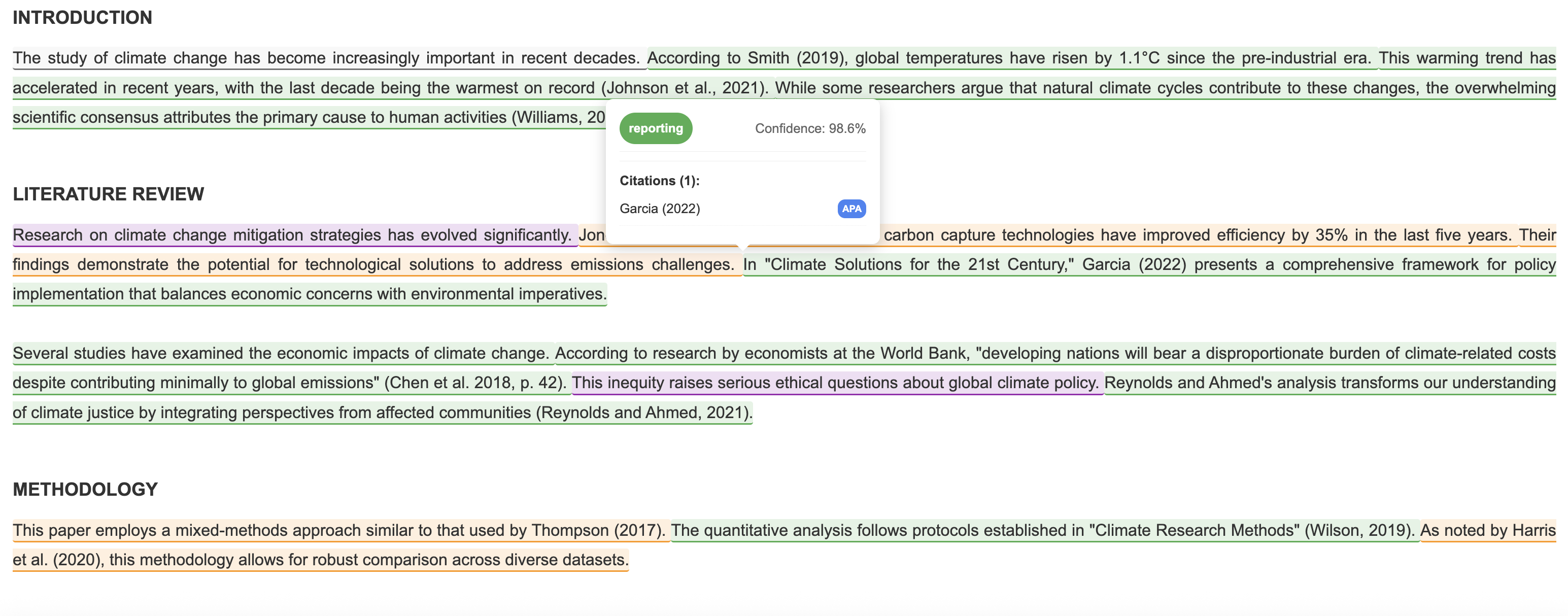 Example annotated paper with highlighted rhetorical functions and citation tags